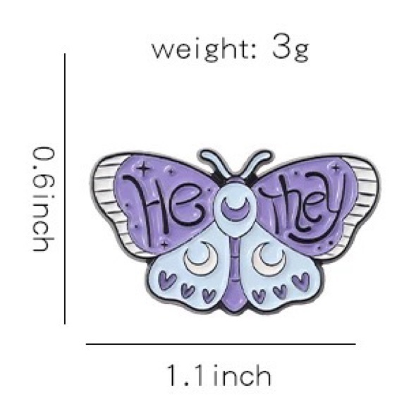 HE/THEY Enamel Pin Gender Fluid Nonbinary Masculine Pronouns Butterfly Badge - Picture 4 of 8